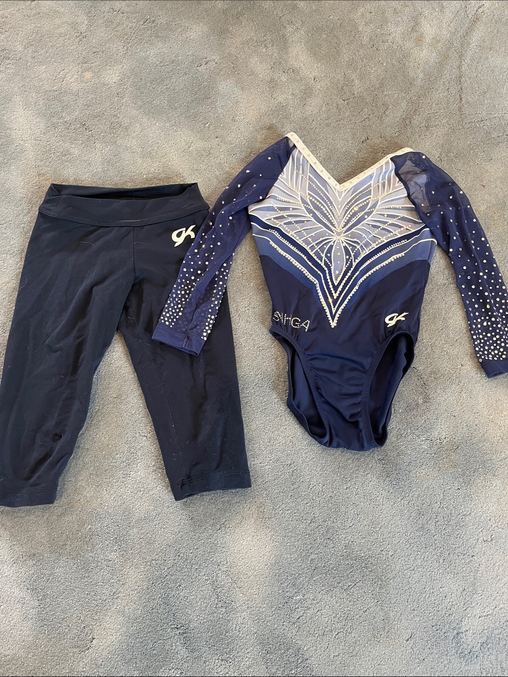 GK Navy and Silver Long Sleeve Gymnastics Leotard with Navy Capri Pants